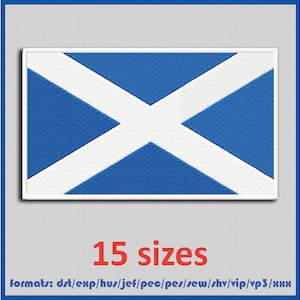 Może przedstawiać: Naszywka haftowana z flagą Szkocji, w kolorze niebieskim i białym. Naszywka jest dostępna w 15 rozmiarach i w następujących formatach: dst, exp, hus, jef, pec, pes, sew, shv, vip, vp3 i xxx.