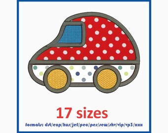 May include: A red and white polka dot car with yellow wheels and a blue windshield. The car is outlined in gray. The text "17 sizes" and "formats: dst/exp/hus/jef/pec/pes/sew/shv/vip/vp3/hhh" are below the car.