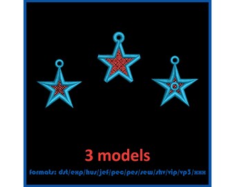 Può includere: Tre disegni di ricamo di stelle con contorno blu e interno rosso. Il testo "3 modelli" e "formati: dst/exp/hus/jef/pec/pes/sew/shv/vip/vp3/nhx" è visualizzato sotto le stelle.