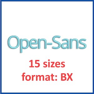 May include: The text Open-Sans is displayed in a light blue, stitched embroidery style font. Below this, the red text reads 15 sizes and format: BX. The entire composition is framed by a thin blue border on a plain white background.