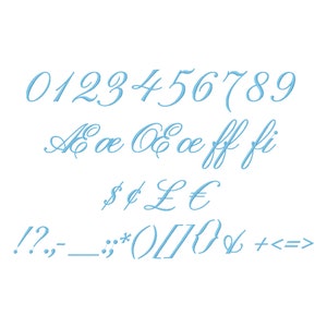May include: A blue handwritten font alphabet with numbers, lowercase and uppercase letters, punctuation marks, and symbols. The font is cursive and elegant.