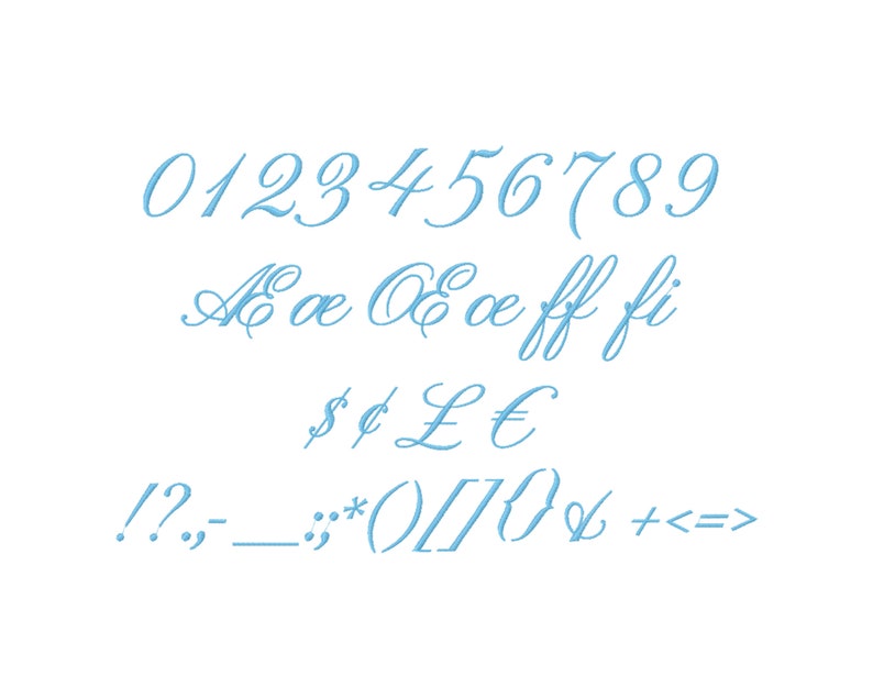 May include: A blue handwritten font alphabet with numbers, lowercase and uppercase letters, punctuation marks, and symbols. The font is cursive and elegant.