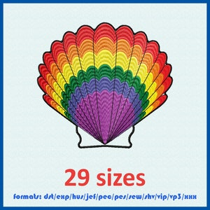 Könnte beinhalten: Regenbogenfarbener Muschel-Stickerei-Design in 29 Größen.  Formate umfassen: dst, exp, hus, jef, pec, pes, sew, shv, vip, vp3 und xxx.