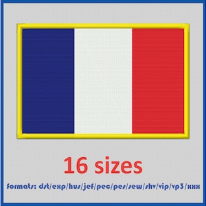 Może przedstawiać: Niebiesko-biało-czerwona flaga z żółtą obwódką. Flaga jest otoczona szarym tłem. Tekst "16 rozmiarów" znajduje się pod flagą. Tekst "formaty: dst/exp/hus/jef/pec/pes/sew/shv/vip/vp3/xxx" znajduje się pod tekstem "16 rozmiarów".