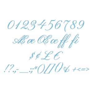 May include: A blue handwritten font alphabet with numbers, lowercase and uppercase letters, punctuation marks, and symbols. The font is cursive and elegant.