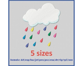 Machine Embroidery Design Cloud with colored rain. Cute, little cloud. 5 sizes and 11 formats.