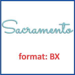 May include: A blue cursive font spelling out the word "Sacramento" with the text "format: BX" below it.