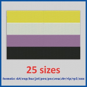 May include: A digital embroidery design of a flag with four horizontal stripes: yellow, white, purple, and black. The design is available in 25 sizes and in 11 formats: dst, exp, hus, jef, pec, pes, sew, shv, vip, vp3, and xxx.