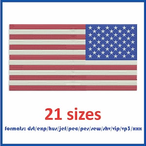 May include: Embroidered American flag with red and white stripes and a blue field of white stars. The image includes the text "21 sizes" and a list of file formats.