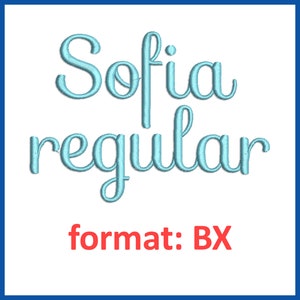 May include: A blue embroidery design of the name "Sofia" in a regular font style. The text "format: BX" is also included in red.