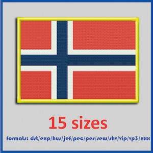 May include: A yellow-bordered red, white, and blue embroidered patch of the Norwegian flag. The text "15 sizes" and "formats: dst/exp/hus/jef/pec/pes/sew/shv/vip/vp3/xxx" are below the flag.