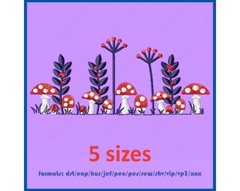 Forest mushrooms and herbs. Machine embroidery design. Border. Fly-agarics Row. Amanitas embroidery pattern. Row mushrooms.