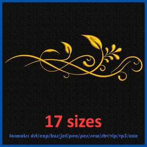 May include: A gold embroidery design of a stylized floral vine with leaves and swirls. The design is on a black background and the text "17 sizes" and "formats: dst/exp/hus/jef/pec/pes/sew/shv/vip/vp3/khx" are below the design.