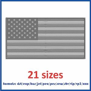 May include: A grey embroidered American flag design in 21 sizes. The design is available in the following formats: dst, exp, hus, jef, pec, pes, sew, shv, vip, vp3, and xxx.