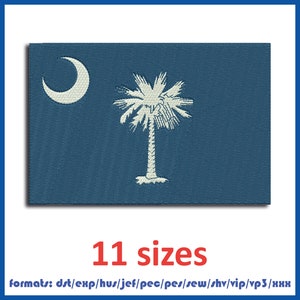 May include: A blue embroidered patch with the state flag of South Carolina. The flag features a white crescent moon and a palmetto tree. The text "11 sizes" and "formats: dst/exp/hus/jef/pec/pes/sew/shv/vip/vp3/нни" are below the patch.