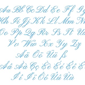 May include: A blue cursive alphabet with lowercase letters, including accented letters, such as 'a' with a circumflex, 'o' with two dots above, and 'u' with two dots above.