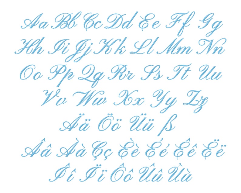 May include: A blue cursive alphabet with lowercase letters, including accented letters, such as 'a' with a circumflex, 'o' with two dots above, and 'u' with two dots above.