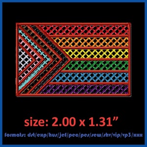 Puede incluir: Un parche bordado con un diseño de arcoíris y un patrón de cuadrícula. El parche mide 2,00 pulgadas por 1,31 pulgadas y está disponible en varios formatos, incluidos DST, EXP, HUS, JEF, PEC, PES, SEW, SHV, VIP, VP3 y XXX.