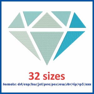 Könnte beinhalten: Ein geometrisches Diamantdesign in Blau- und Weißtönen, das aus dreieckigen Formen besteht. Das Bild enthält den Text "32 Größen" in Rot sowie eine Liste der Dateiformate. Das Design befindet sich auf weißem Hintergrund mit blauem Rand.