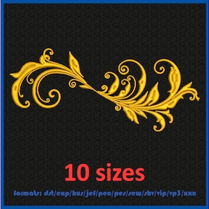 May include: A gold-colored embroidery design of a stylized floral motif with swirling leaves and tendrils. The design is available in 10 sizes and in the following formats: dst, exp, hus, jef, pec, pes, sew, shv, vip, vp3, and hxx.