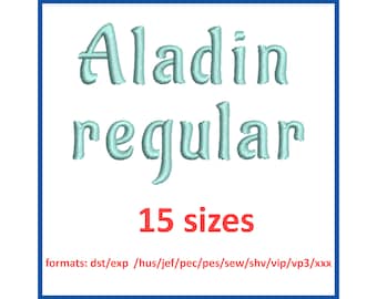 Diseño de bordado de fuente regular Aladin 0,25, 0,5, 1, 1,5, 2, 2,5, 3, 3,5, 4, 4,5, 5, 5,5, 6, 6,5, 7 pulgadas y 11 formatos