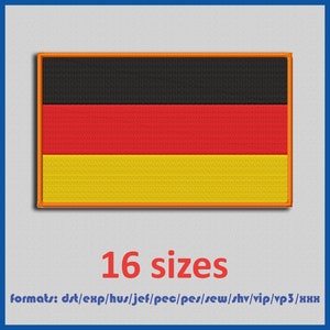 May include: A black, red, and yellow embroidered patch of the German flag. The patch is surrounded by a yellow border. The text "16 sizes" and "formats: dst/exp/hus/jef/pec/pes/sew/shv/vip/vp3/xxx" are below the patch.