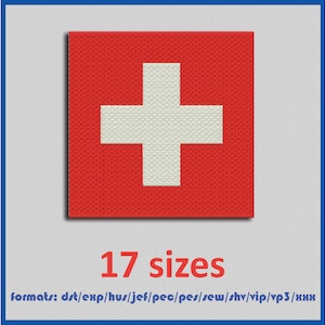 Puede incluir: Un cuadrado rojo con una cruz blanca en el centro. El texto de la imagen dice "17 tamaños" y "formatos: dst/exp/hus/jef/pec/pes/sew/shv/vip/vp3/xxx".