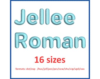 Jellee Roman font embroidery design 0.25, 0.5, 0.75, 1, 1.5, 2, 2.5, 3, 3.5, 4, 4.5, 5, 5.5, 6, 6.5, 7 inches 16 sizes and 11 formats
