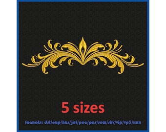 May include: A gold-colored, ornate, symmetrical design with a central point and flowing lines. The design is on a black background. The text "5 sizes" and "format: dst/exp/hus/jef/pec/pes/sew/shv/vip/vp3/hhh" are below the design.