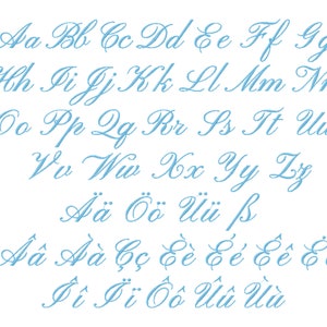 May include: A blue cursive alphabet with lowercase letters, including accented letters, such as 'a' with a circumflex, 'o' with two dots above, and 'u' with two dots above.