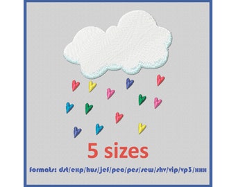 Machine Embroidery Design Cloud with colored rain. Rain in the shape of a heart. Cute, little cloud. 5 sizes and 11 formats.