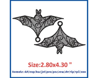 May include: Two black embroidered bat ornaments with intricate designs. The bats are approximately 2.80 inches by 4.30 inches. Formats: dst, exp, hus, jef, pec, pes, sew, shv, vip, vp3, xxx