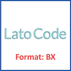 May include: A blue square with the text "Lato Code" in a light blue font and the text "Format: BX" in red font.