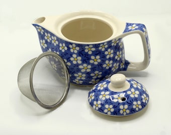 350ml Small Ceramic Blue Daisy Design Herbal Teapot and Strainer