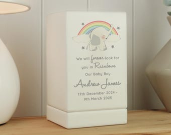 Personalized Child Memorial Wooden Urn: Elephant & Rainbow Design