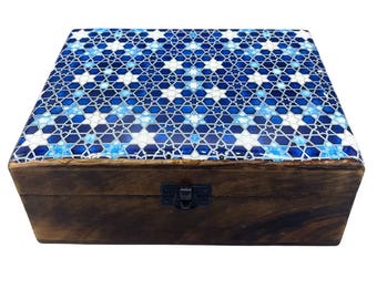 Large or medium Mango wood, eco friendly sustainable Ceramic Glazed Wood Box Trad-Pattern