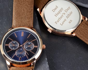 Personalised Rose Gold Watch with Brown Leather Strap: Engraved Men's Gift