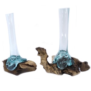 Melted glass on wood vase, teak root, glass sculpture, hand crafted, recycled glass, decorative, 25cm