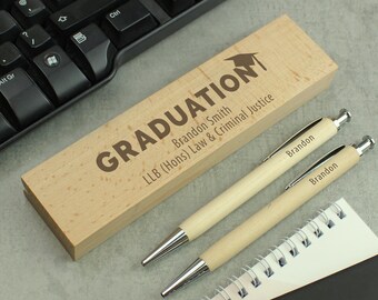 Personalized Graduation Pen and Pencil Set: Beechwood Box Keepsake