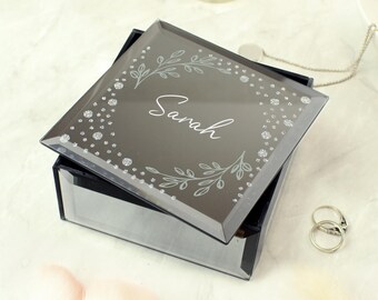 Personalised Diamante Mirrored Glass Trinket Box – Botanical Keepsake