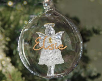 Personalised Gold Glitter Name Only Angel Glass Bauble