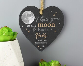 Personalised Moon and Back Slate Heart Decoration, Valentine's Day, Birthday, Anniversary, Christmas