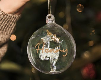 Personalised Gold Glitter Reindeer Glass Bauble, Custom Christmas Ornament