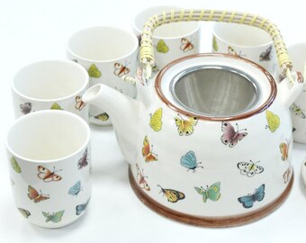 Herbal Teapot Set with Butterflies Design – Unique Tea Lovers Gift with 6-Cups