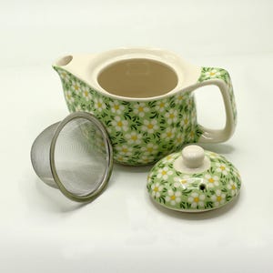 May include: A green and white floral teapot with a removable strainer and lid. The teapot has a floral pattern with white flowers and green leaves.