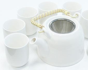 Herbal Teapot Set - Classic White – Unique Tea Lovers Gift with 6-Cups
