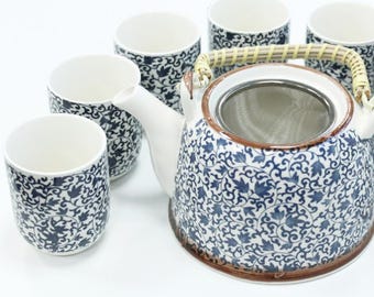 Herbal Teapot Set - Blue Pattern – Unique Tea Lovers Gift with 6-Cups