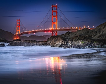 Golden Gate Bridge, Baker Beach, Reflections, San Francisco, California, Sunset