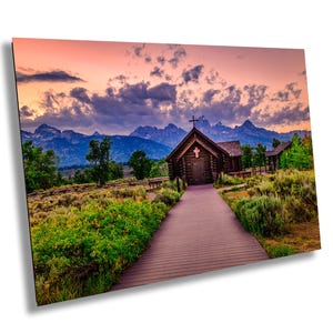 WY Teton National Park Kapelle der Verklärung Teton Berge Sonnenuntergang Vorderansicht 3
