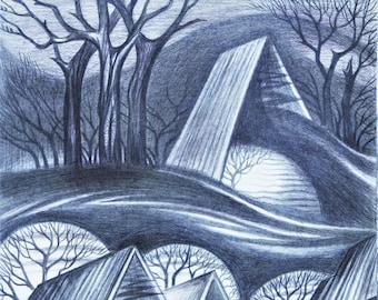 Surrealist Dreamscape Drawing: Moody Dark Academia Art (17x24)